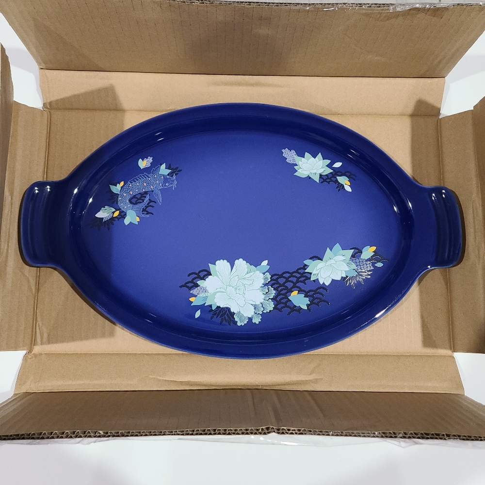 Limited Edition Le Creuset Blue 16" Lotus Koi Fish Platter Dish Only NIB